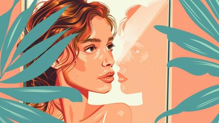 A serene digital depicting a woman gazing confidently at her reflection in a mirror capturing the joyful results of her personal cosmetic journey and self care transformation