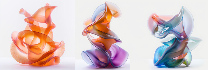 Three images of abstract glass sculptures, each with different colors and shapes, on a white background. The first sculpture is in shades of orange and pink, the second piece has blue hues, while the 