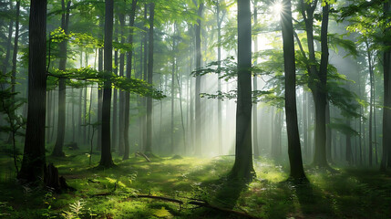 Obraz premium serene forest with misty trees in the morning light