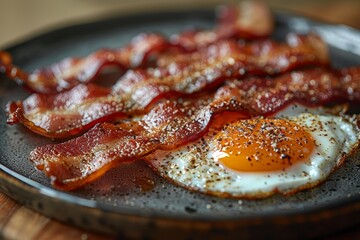 Bacon and Eggs - Crispy bacon and sunny-side-up eggs on a plate. 