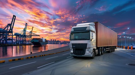 Imagining a transportation and logistics concept image with a truck that lets you see an harbor with container ships that are super-resolution as well