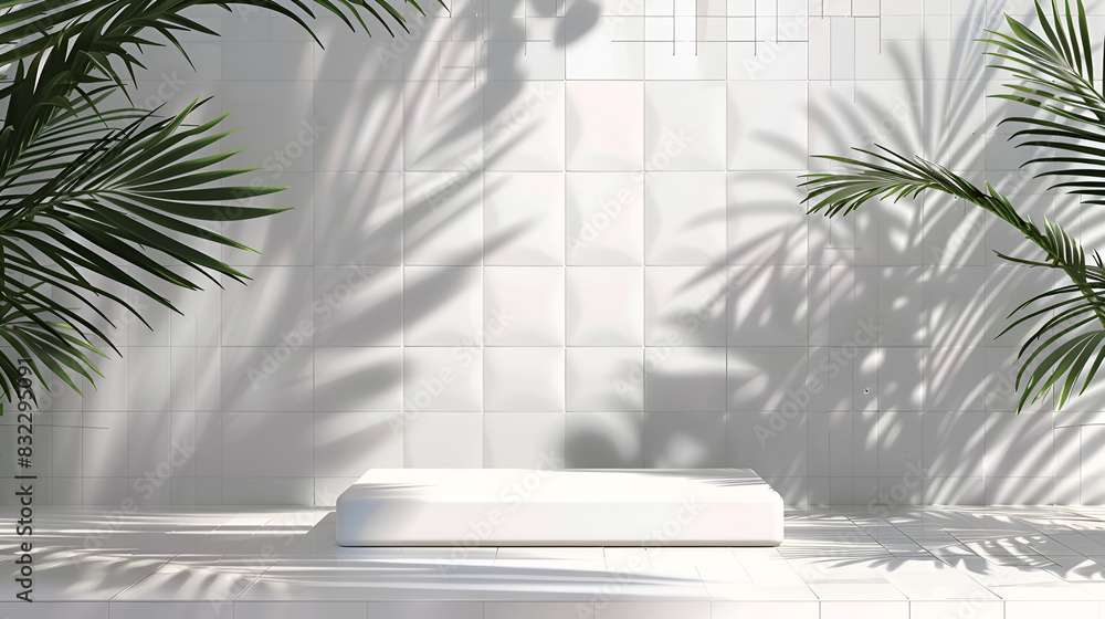 Poster minimal podium abstract background for product presentation. leaf shadow on white plaster wall. 3d r