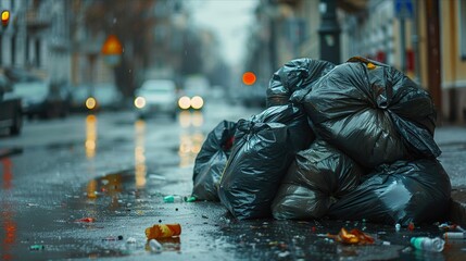 Pile of garbage bags on city street showing urban waste management problem