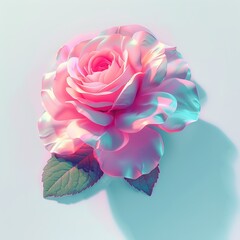 Elegant Digital Illustration of a Pink Rose in Lead Style with Soft Green Leaves on White Background. Realistic and Ethereal Floral Design with Subtle Shadows and Depth, Perfect for Clip Art and Flora
