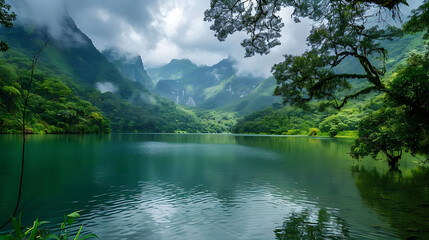 serene green lake surrounded by lush forest and mountains, with a lone tree standing tall in the foreground