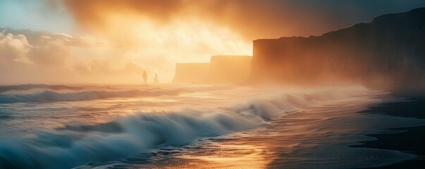 Dynamic time-lapse, clouds moving, coastal cliffs, close up, focus on, copy space, cool hues, Double exposure silhouette with waves