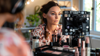 Makeup content creator demonstrating eyeshadow techniques on camera, engaging with her audience during a live tutorial, with cosmetics neatly arranged around her.