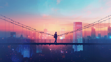 Obraz premium Minimalist design of a businessman crossing a financial graph bridge, set against a city skyline at dusk, symbolizing progress and growth in a sleek composition.