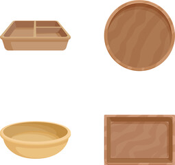 Set of wooden trays and bowls isolated on a white background for versatile use