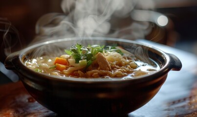 A bowl of hot soup with aromatic steam floating on top.