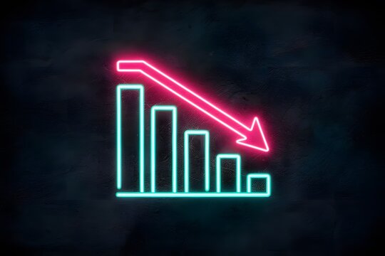 Neon declining bar chart with pink arrow on dark background