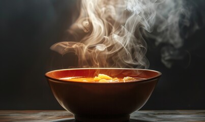A bowl of hot soup with aromatic steam floating on top.
