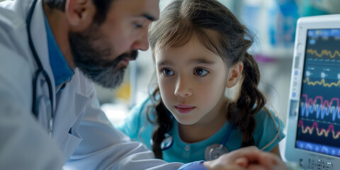 Curious child in medical attire examines a monitor with a doctor in a clinical setting