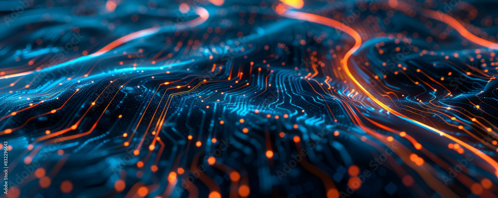 Poster abstract digital background with glowing blue and orange lines, representing data flow in the tech i