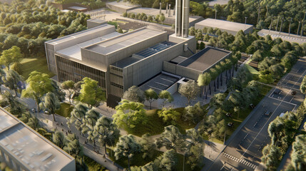 Power plant designed with environmental sustainability in mind, surrounded by trees and natural greenery, promoting low carbon energy solutions.