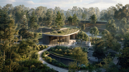 Fototapeta premium Power plant designed with environmental sustainability in mind, surrounded by trees and natural greenery, promoting low carbon energy solutions.