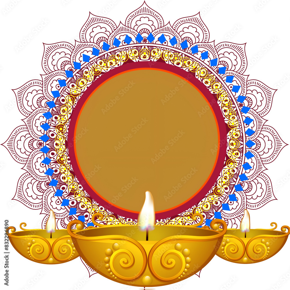 Wall mural illuminated golden oil lamps with vintage circular frame given for your message on purple background