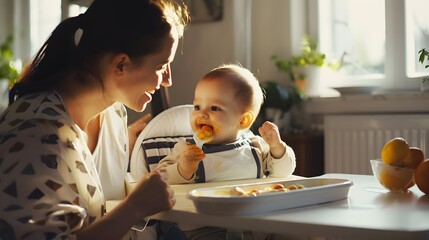 Mother looking at baby boy eating solid food on high chair at home
