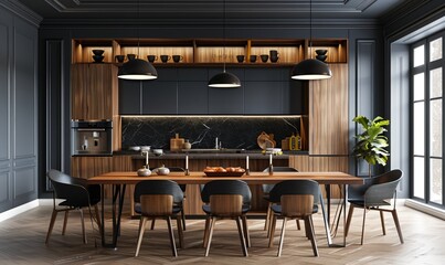 large kitchen room with modern interior design with wood table and chairs for home against the background a dark classic wall