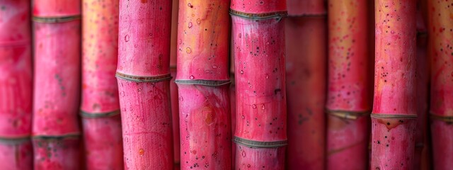 Several pink bamboo sticks are arranged together to form a beautiful background.