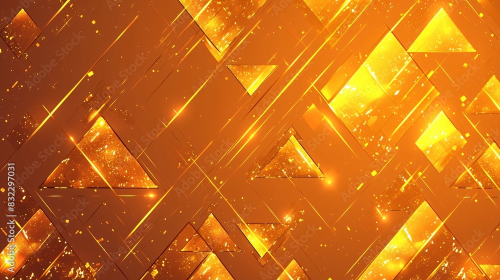 Poster dynamic abstract background featuring golden triangles and glowing lines on a rich orange backdrop, 