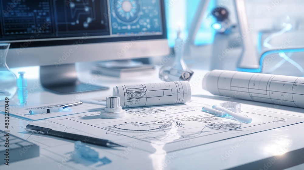 Poster an engineer's design station with blueprints and 3d models of a new type of neural implant aimed at 