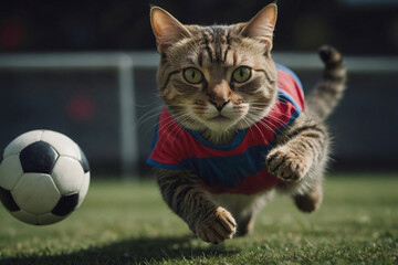 Fantasy image of a cat soccer player in a tiny jersey, mid-air with a determined, intense expression as it kicks a soccer ball