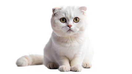 Adorable short haired cat with folded ears sits isolated on white background