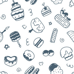 Sweet pastries doodle sketch style seamless pattern. Cute cake, muffin, cupcake, pie, macaroon and other baked goods background. Hand drawn sweet desserts print for textile, paper, bakery or cafe