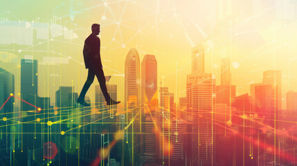 Silhouette of a businessman walking over a financial graph bridge, with a modern city skyline in the background, illustrating success and ambition.