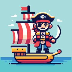 Cartoon of a pirate captain with a sword on a ship