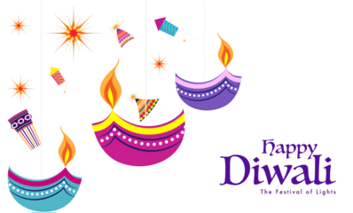 Indian Festival celebration background with flat style fire crackers and stylish oil lamps hang on blue and yellow background. Can be used as greeting card design.