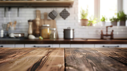 Smooth wooden table, foregrounding a blurred, airy kitchen setting, suitable for mock-up presentations, displaying culinary products, or enhancing design concepts.