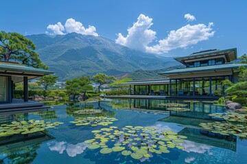Naklejka premium Serene mountain retreat with luxury villa, reflecting pool, and lush greenery under a bright blue sky, perfect for relaxation and tranquility