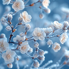Serene Minimalist Winter Scene: Snowflakes Amidst White, Silver & Blue Hues