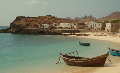 Obraz premium Coastal Charm Tranquil Scene with Boats and Traditional Architecture