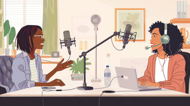Two women engaged in an animated conversation while co-hosting an audio broadcast in a cozy home studio, with microphones and recording equipment on a stylish desk. - Powered by Adobe