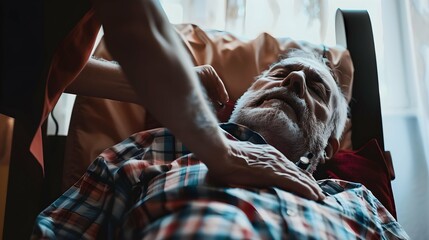 Obraz premium Home caregiver taking pulse of senior man