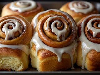 Freshly baked cinnamon rolls with icing drizzled on top, sweet and aromatic, generative AI