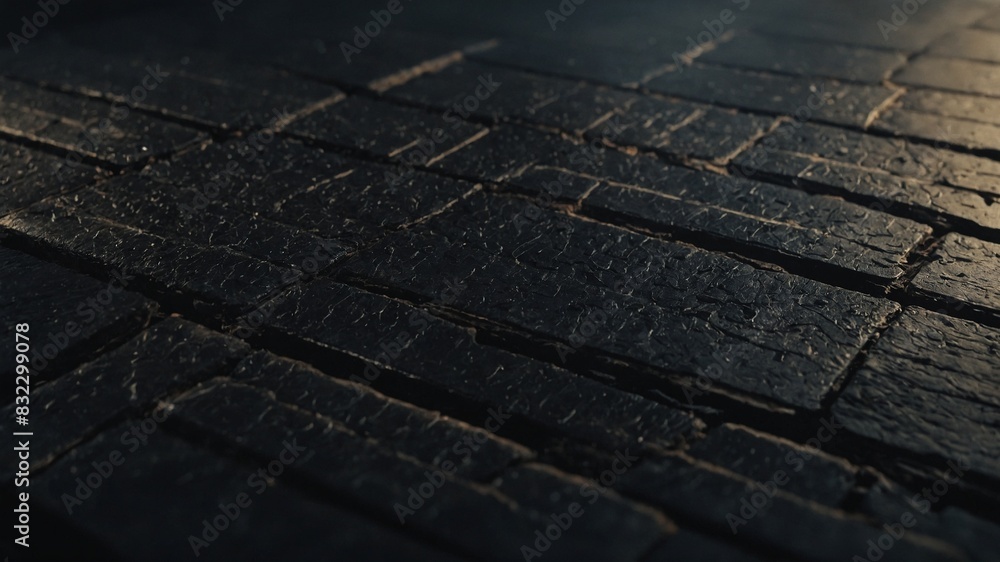 Poster view of surface, textured, dark. this surface composed of rectangular blocks, arranged in interlocki