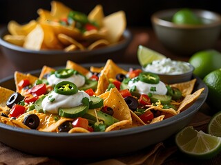 Hot and cheesy nachos with jalapenos, sour cream, and guacamole, perfect for sharing, generative AI