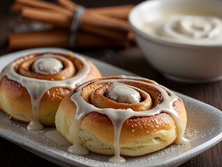 Freshly baked cinnamon rolls with icing drizzled on top, sweet and aromatic, generative AI