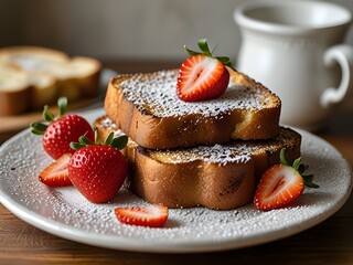 Plate of French toast dusted with powdered sugar and topped with fresh strawberries , generative AI