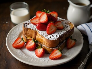 Plate of French toast dusted with powdered sugar and topped with fresh strawberries , generative AI