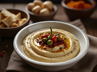 Smooth and creamy hummus in a bowl with a drizzle of olive oil and paprika, Mediterranean, generative AI