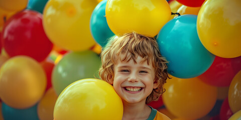 A young boy is surrounded by a bunch of balloons, with some of them being yellow