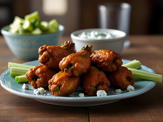 Hot and spicy buffalo wings with celery sticks and blue cheese dip, finger-licking good, generative AI