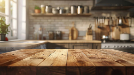Wooden table top with a smooth finish on a blurred kitchen background, perfect for mock-ups, product displays, or design layouts, offering an inviting and versatile space.