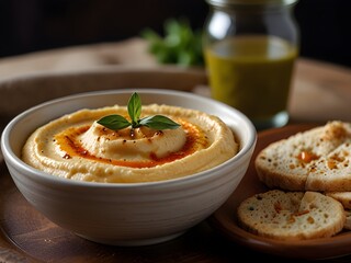 Smooth and creamy hummus in a bowl with a drizzle of olive oil and paprika, Mediterranean, generative AI