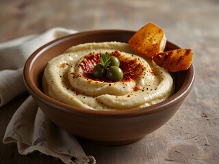 Smooth and creamy hummus in a bowl with a drizzle of olive oil and paprika, Mediterranean, generative AI